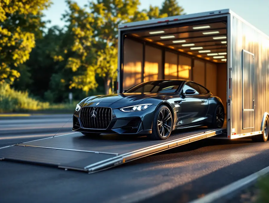 Luxury car being loaded onto an enclosed truck