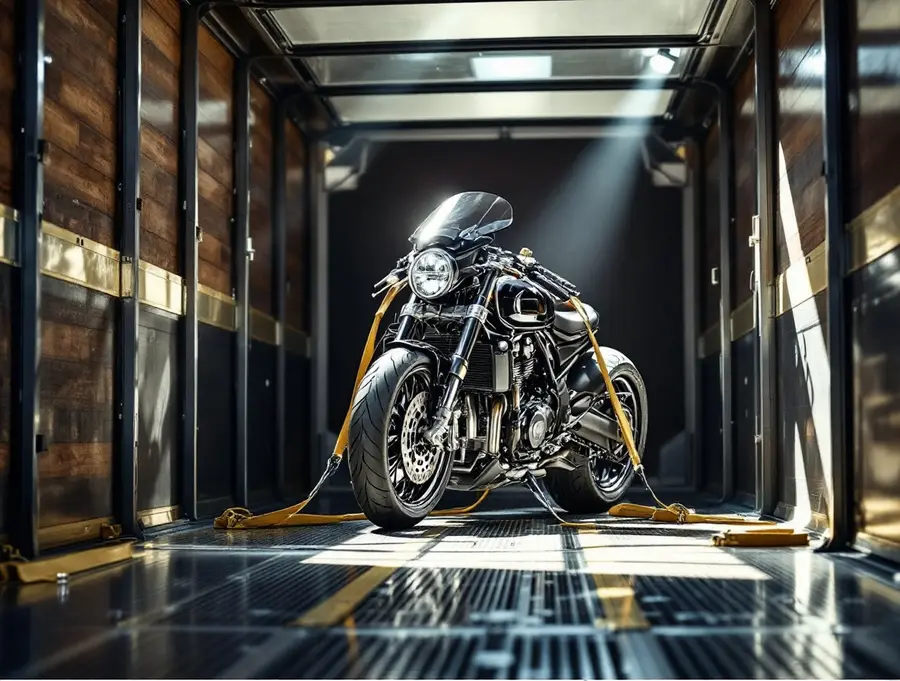 Motorcycle being loaded onto a transport truck